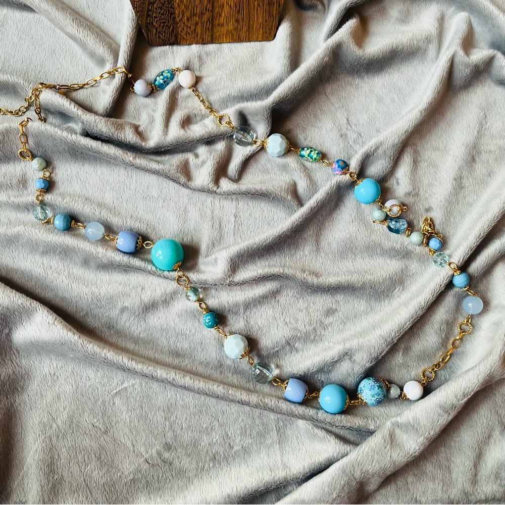 Joan Rivers Signed Gold Tone Blue Turquoise Beaded Statement Necklace
